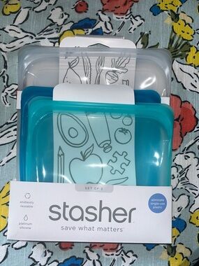 NWT Set of 3: Stasher Reusable Silicone Storage Bags - Clear, Teal, & Blue